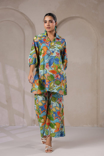 Blue Bloom Collared Cotton Co-ord Set