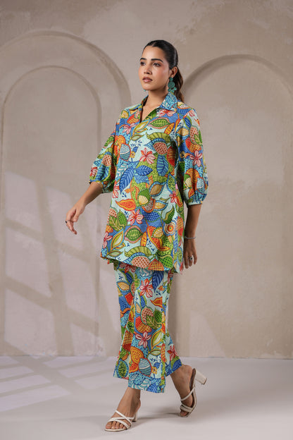 Blue Bloom Collared Cotton Co-ord Set