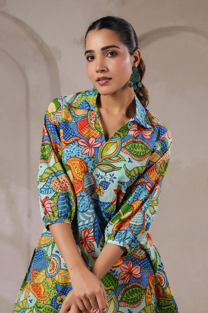 Blue Bloom Collared Cotton Co-ord Set