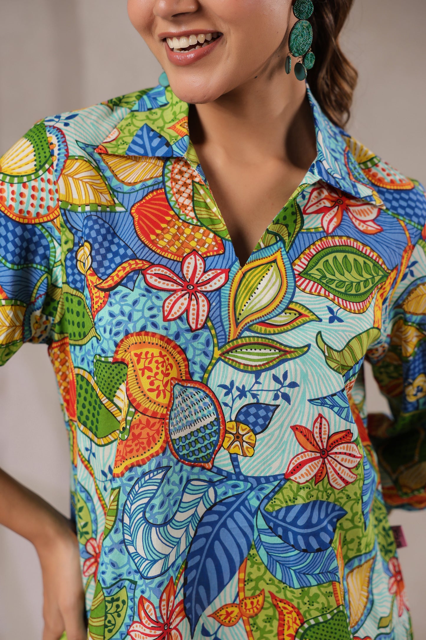 Blue Bloom Collared Cotton Co-ord Set