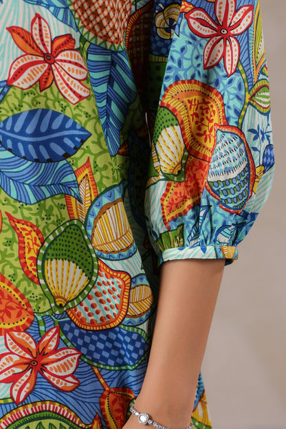 Blue Bloom Collared Cotton Co-ord Set