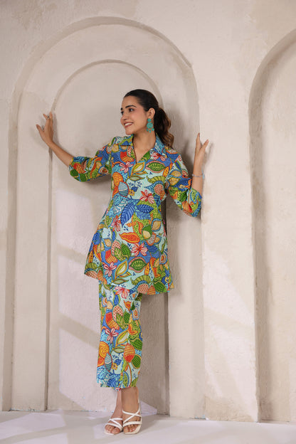 Blue Bloom Collared Cotton Co-ord Set