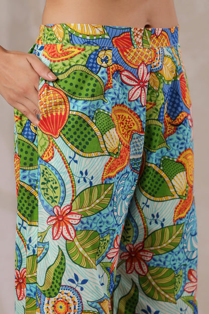 Blue Bloom Collared Cotton Co-ord Set