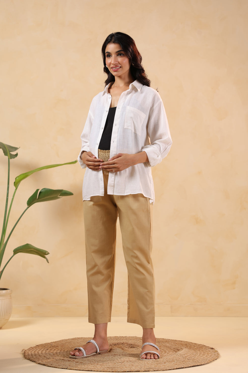 Chalk Beige Cotton High Rise Maternity Pant