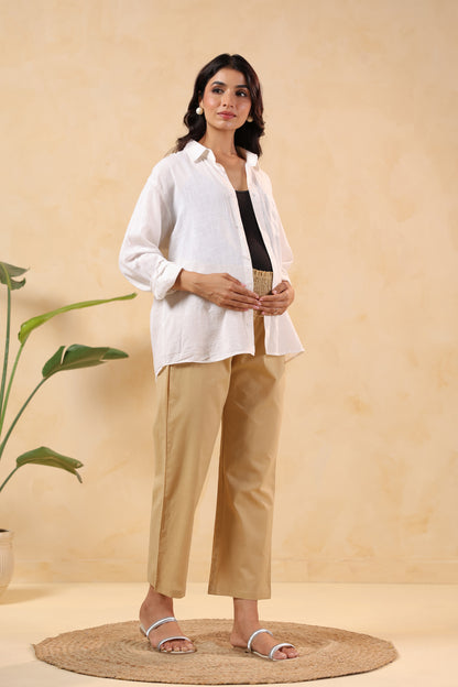 Chalk Beige Cotton High Rise Maternity Pant