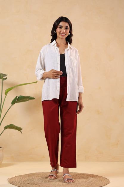 Ruby Maroon Cotton High Rise Maternity Pant