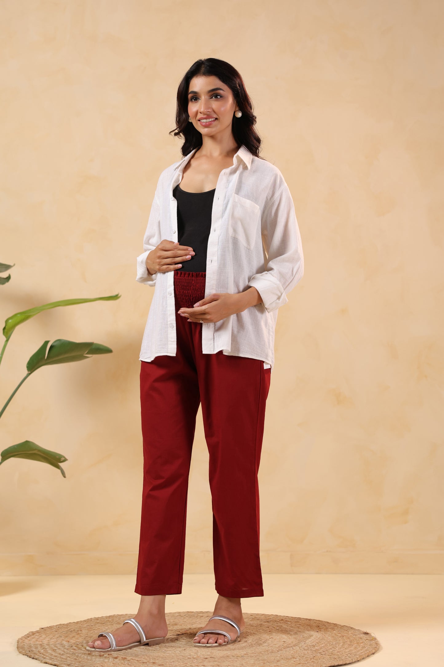 Ruby Maroon Cotton High Rise Maternity Pant