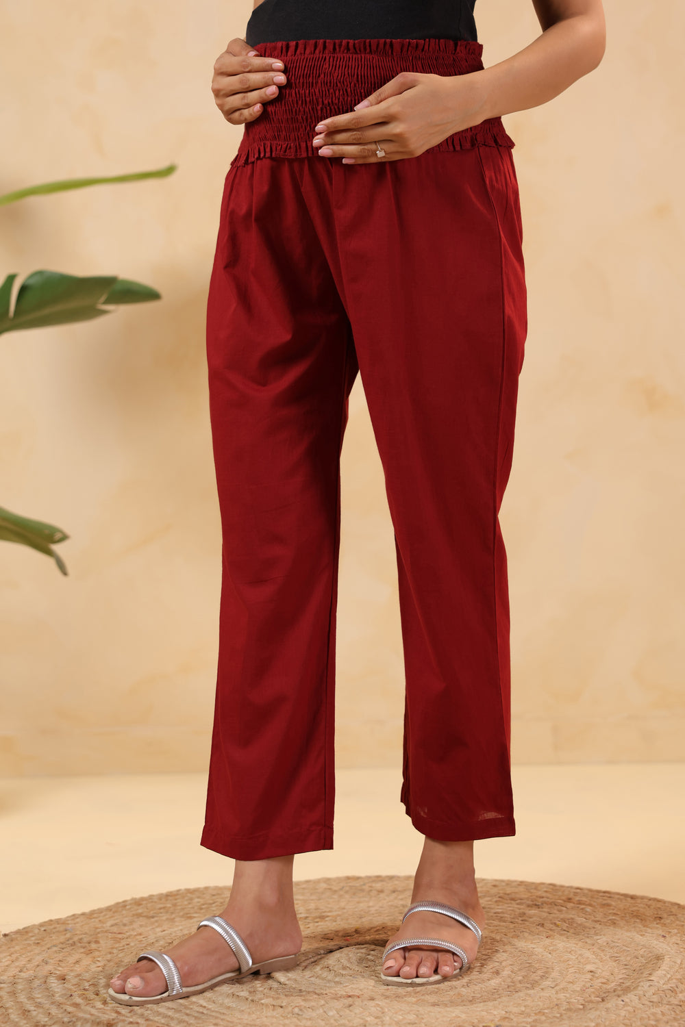 Ruby Maroon Cotton High Rise Maternity Pant