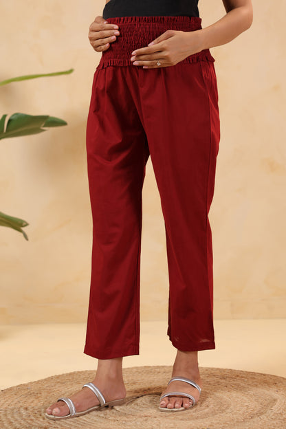 Ruby Maroon Cotton High Rise Maternity Pant