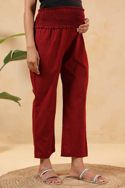 Ruby Maroon Cotton High Rise Maternity Pant