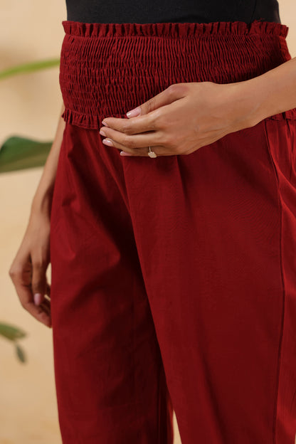 Ruby Maroon Cotton High Rise Maternity Pant