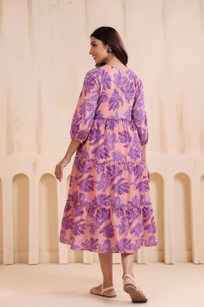 Whispering Leaves Pink Maternity & Nursing Tier Dress
