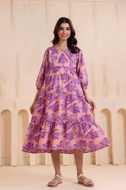 Whispering Leaves Pink Maternity & Nursing Tier Dress