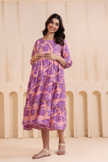 Whispering Leaves Pink Maternity & Nursing Tier Dress