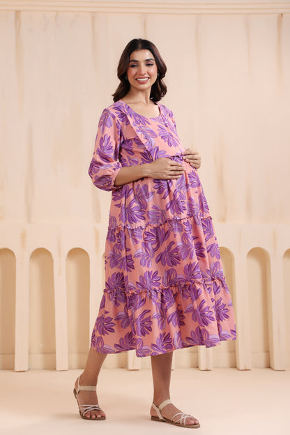 Whispering Leaves Pink Maternity & Nursing Tier Dress