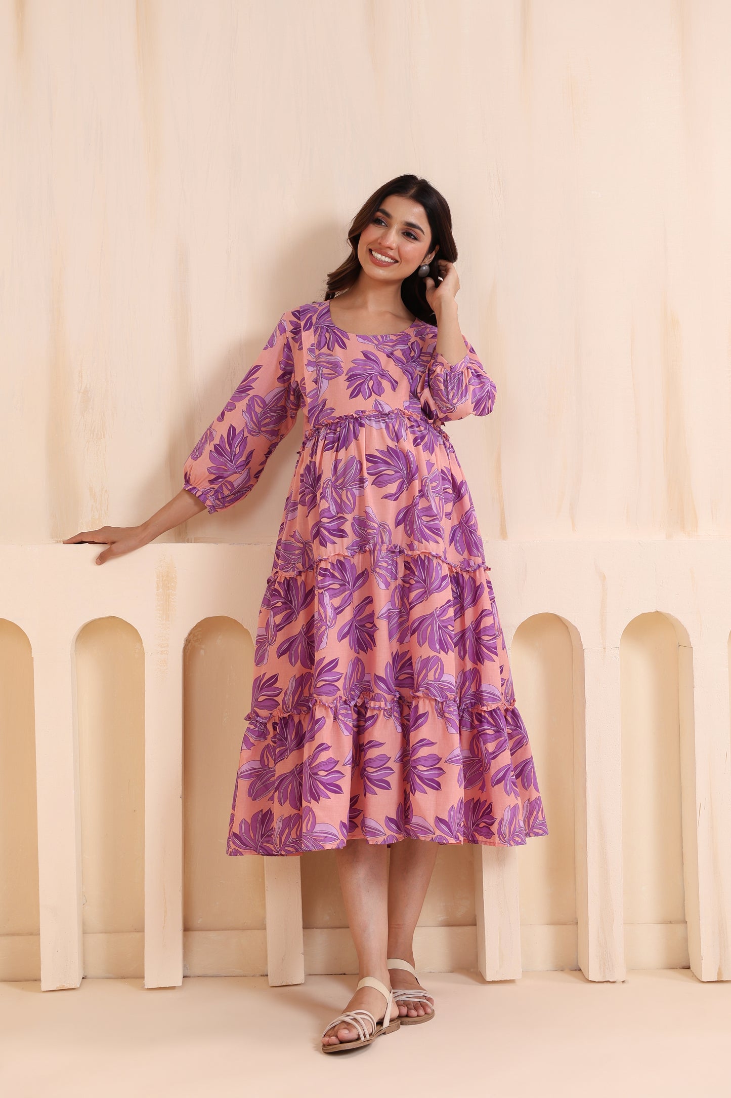 Whispering Leaves Pink Maternity & Nursing Tier Dress