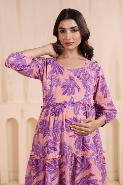 Whispering Leaves Pink Maternity & Nursing Tier Dress