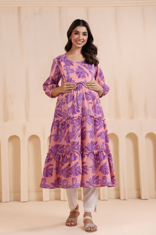 Whispering Leaves Pink Maternity & Nursing Kurta