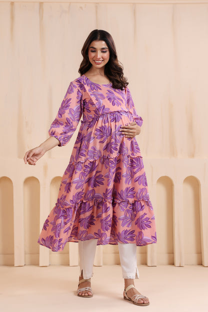 Whispering Leaves Pink Maternity & Nursing Kurta