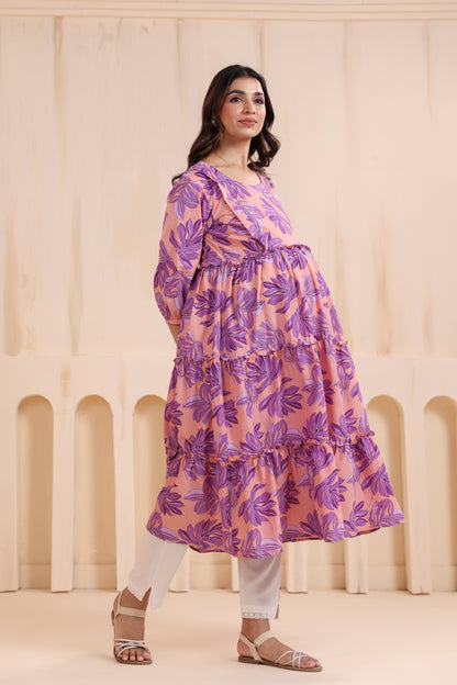 Whispering Leaves Pink Maternity & Nursing Kurta