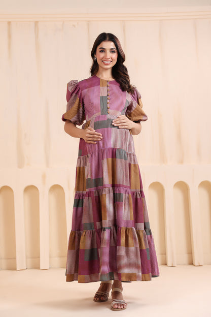 Geometric Grace Cotton Tier  Maternity & Nursing Dress