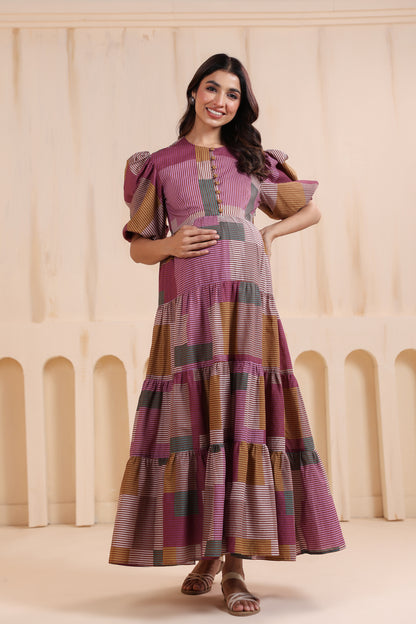 Geometric Grace Cotton Tier  Maternity & Nursing Dress