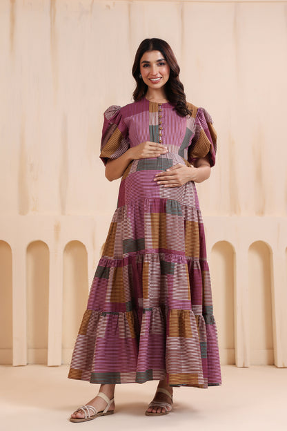 Geometric Grace Cotton Tier  Maternity & Nursing Dress