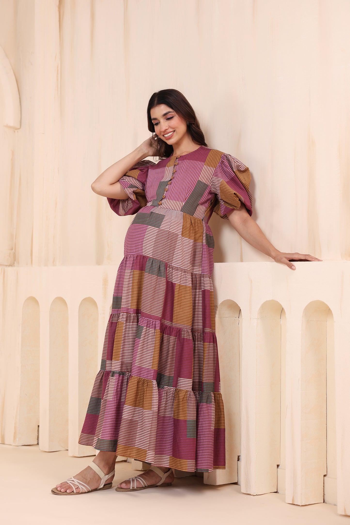 Geometric Grace Cotton Tier  Maternity & Nursing Dress