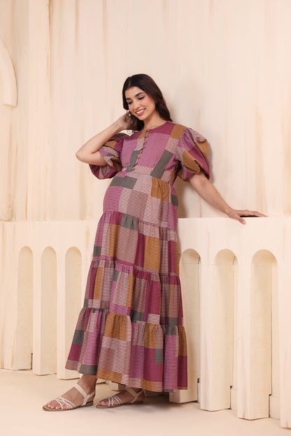 Geometric Grace Cotton Tier  Maternity & Nursing Dress
