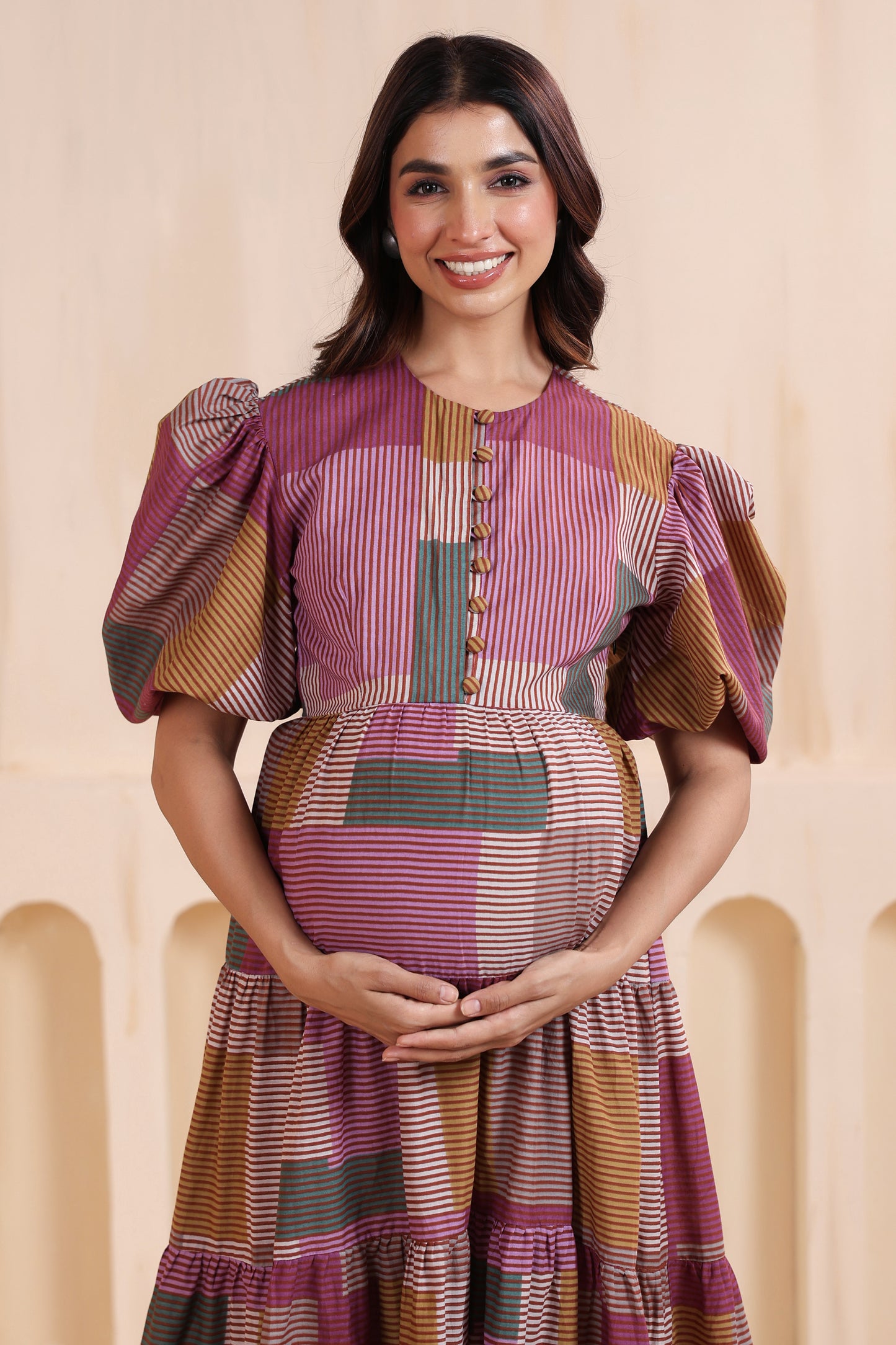 Geometric Grace Cotton Tier  Maternity & Nursing Dress